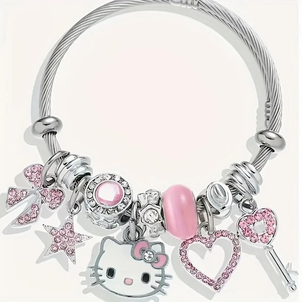 Hello Kitty Charm Bracelet Pink & Silver Cable Bangle Cute Bow Heart Star Key Ch